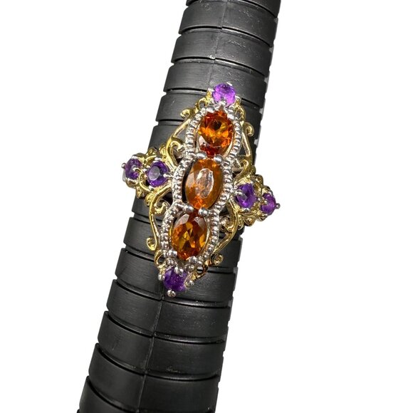New STS 925 Sterling Silver Citrine Amethyst Stones Filigree Cocktail Ring Size - Picture 1 of 8